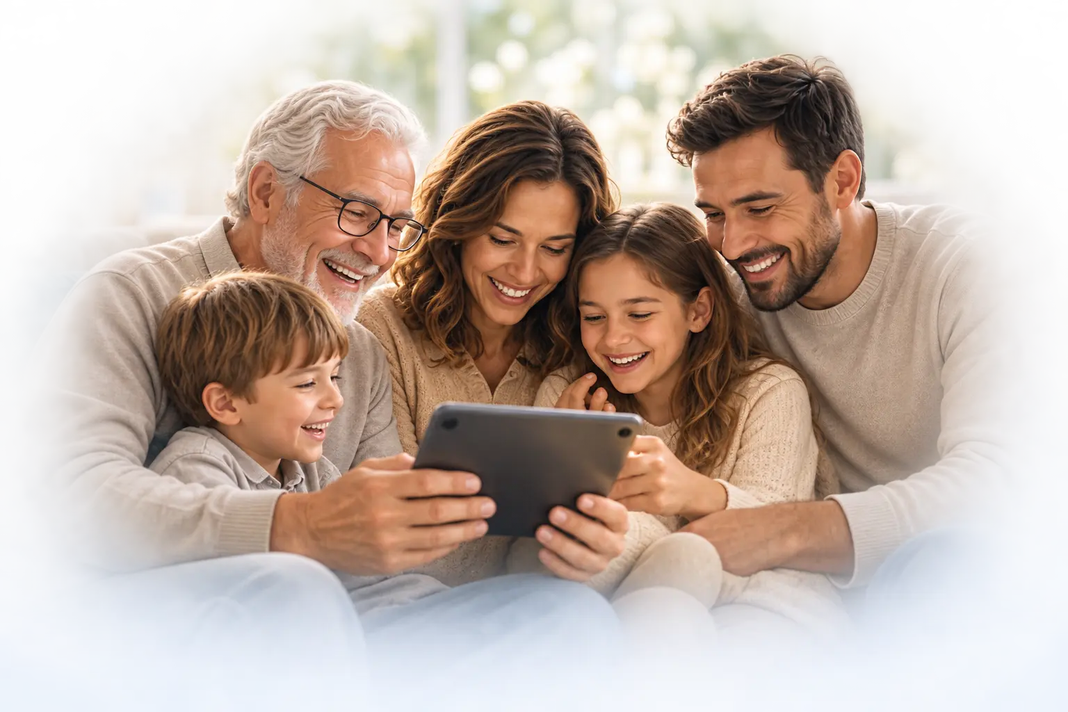 Three generations sharing family memories together on a tablet