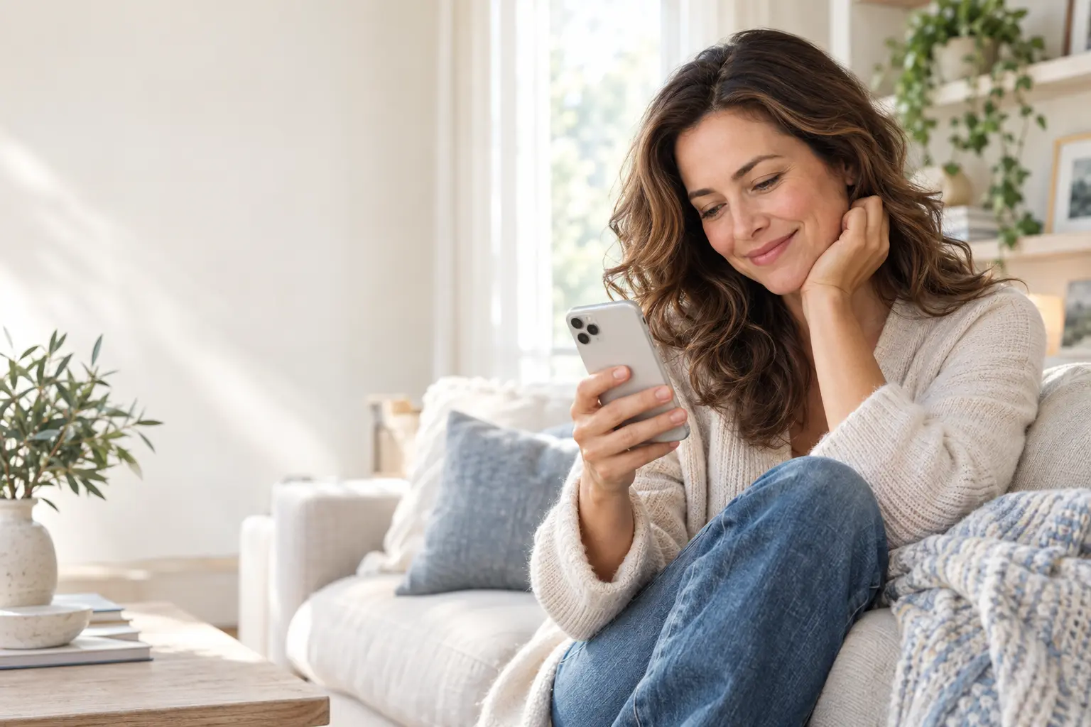 A woman listening to a family voice memory on her phone
