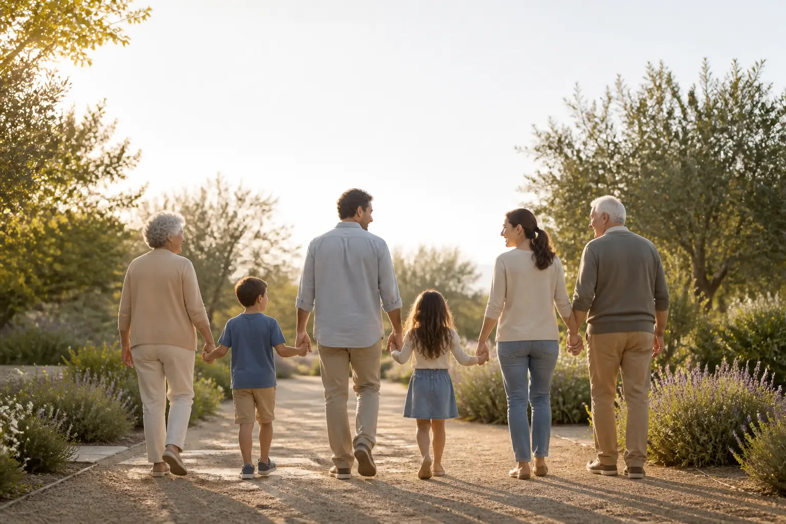 A multigenerational family walking together in warm evening light