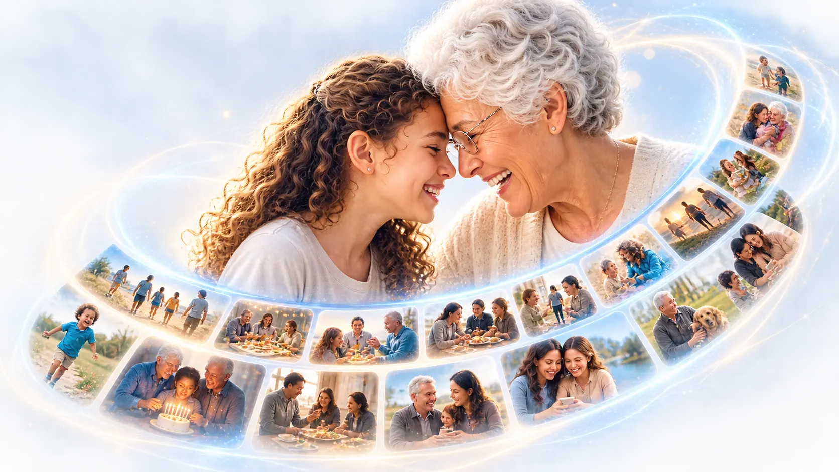 A grandmother and granddaughter surrounded by a luminous arc of family memories