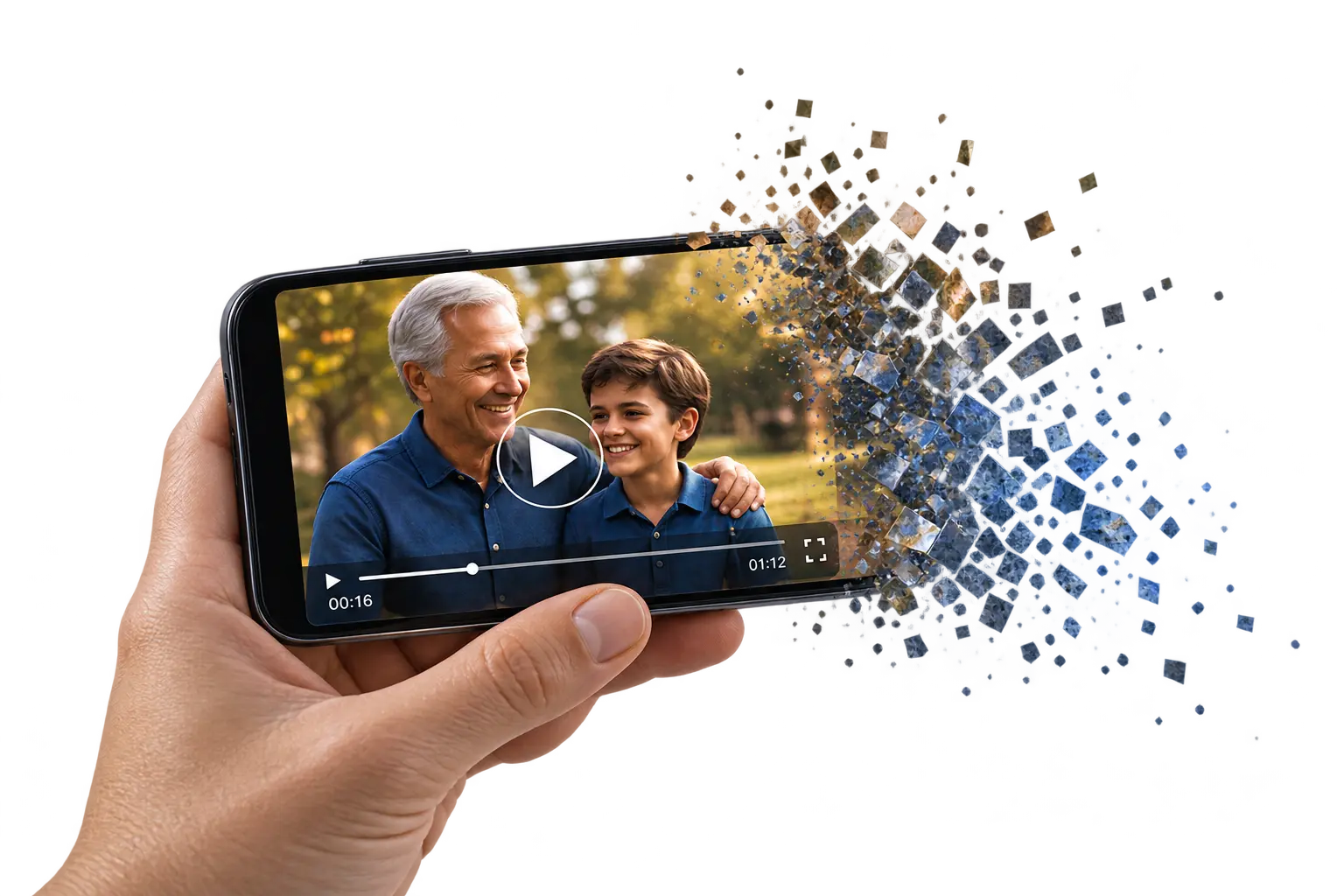 A hand holding a phone with a meaningful family video ready to preserve as a voice memory