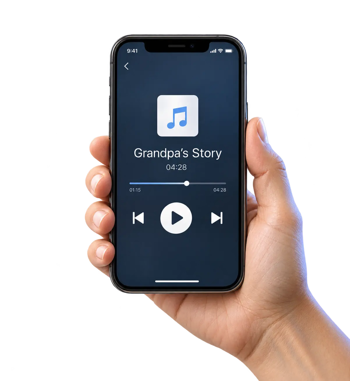 A hand holding a phone with an existing family audio recording