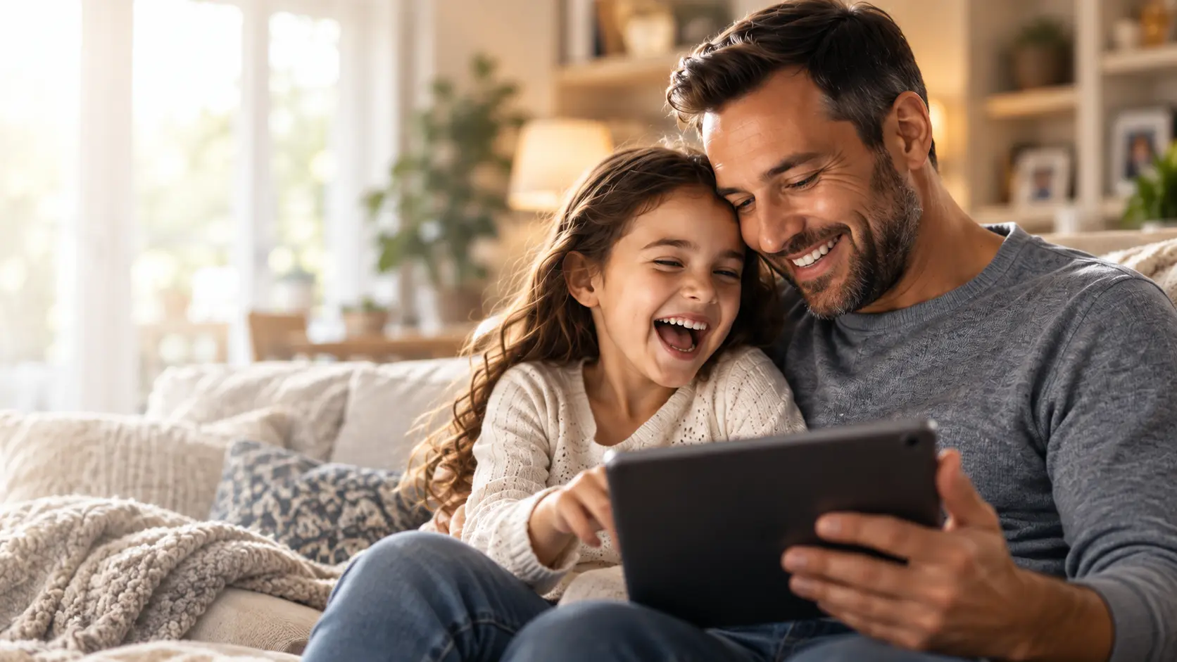 A father and daughter laughing together over a tablet