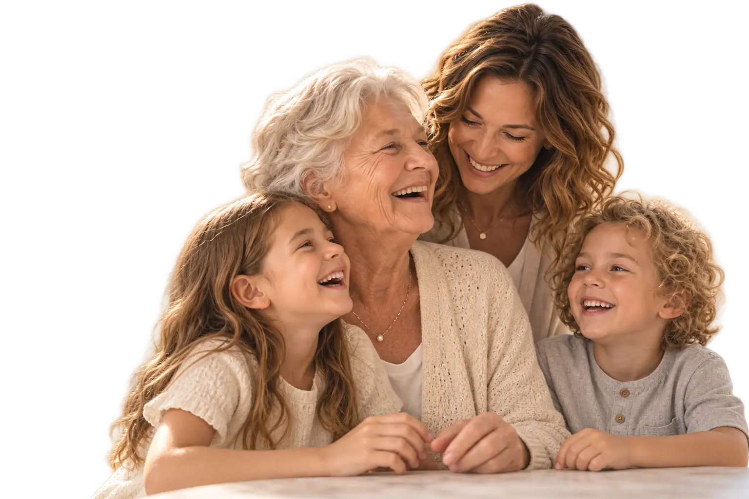 A grandmother laughing with her daughter and two grandchildren